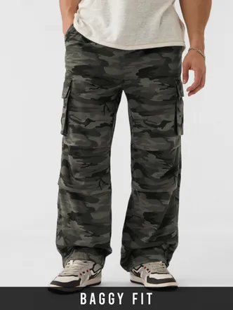 The Souled Store Parachute Pants: Grey Camo Men Parachute Pants