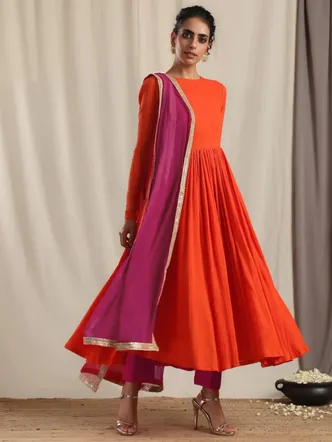 Orange Crinkle Anarkali Kurta Pant Dupatta Set