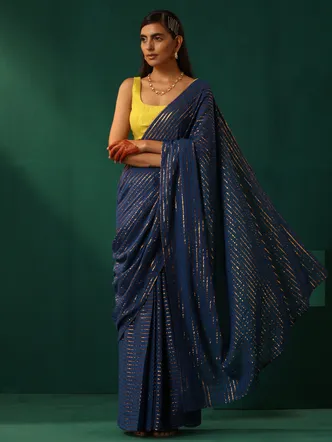 True Browns Royal Blue Cotton Gold Striped Ready To Wear Saree