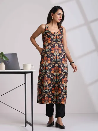 True Browns Black Print Straight Kurta Set