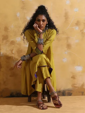 True Browns Lime Muslin Silk Flared Kurta Co-ord Set