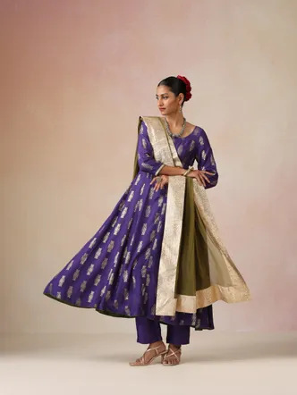 True Browns Purple Gold Foil Print Muslin Silk Anarkali Kurta Pants Dupatta Set