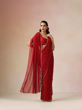 True Browns Maroon Georgette Embroidered Saree With unstitched Blouse