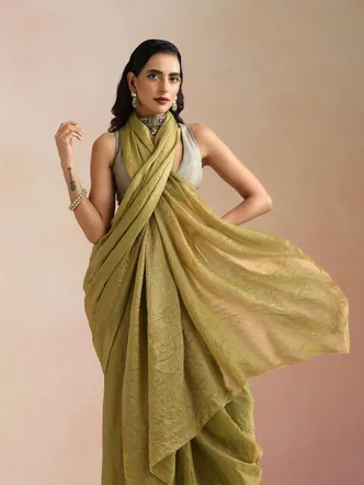True Browns Green Tissue Stripe Saree With Unstitched Blouse
