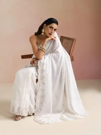 True Browns Ivory All Over Zari Embroidered Saree With Unstitched Blouse