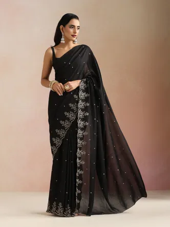 True Browns Black All Over Zari Embroidered Saree With Unstitched Blouse