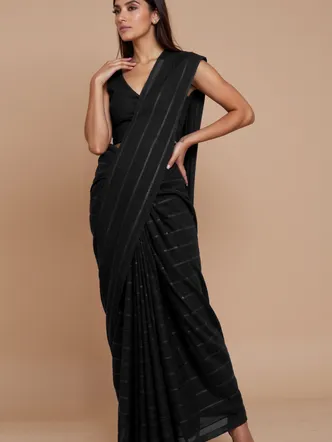 True Browns Black Stripe Saree With Unstitched Blouse