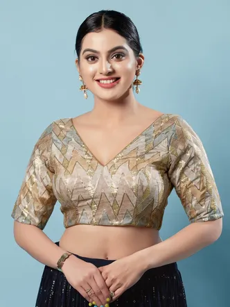 Vamas Women's Silk Padded Back Open Elbow Sleeves Saree Blouse