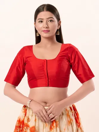 Vamas Women's Brocade Padded Front Open Elbow Sleeves Saree Blouse