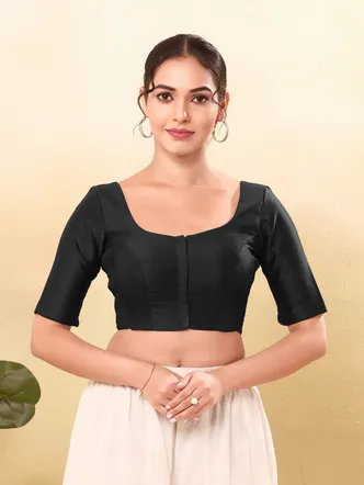 Vamas Women's Taffeta Silk Padded Front Open Elbow Sleeves Saree Blouse