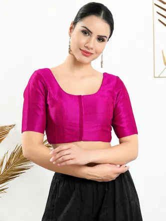 Vamas Women's Mulbury Silk Padded Front Open Elbow Sleeves Saree Blouse