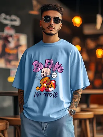 Cotton Overiszed Baggy Fit Drop Shoulder Front Graphic Printed Round Neck T-Shirt for Men