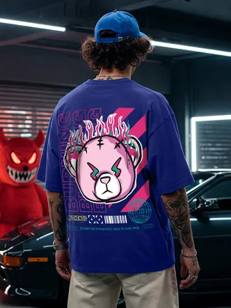 Cotton Overiszed Baggy Fit Drop Shoulder Front & Back Graphic Printed Round Neck T-Shirt for Men