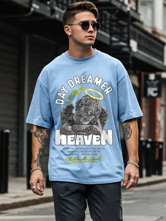 Oversized Loose Baggy Fit Drop Shoulder Round Neck Half Sleeve Cool Graphic Printed Pure Cotton T-Shirt for Men & Boys Sky Blue