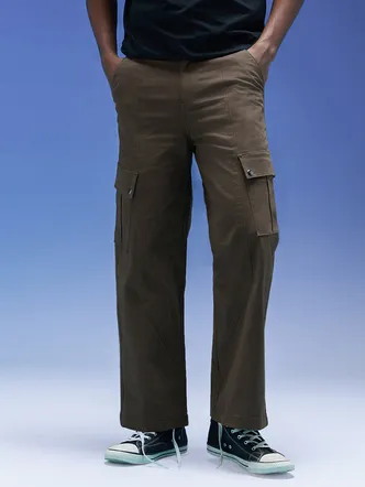 Lycra Baggy Fit with Button Closure Casual Solid Woven Cargo Pants for Men