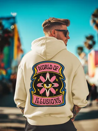 Cotton Polly Fleece Regular Fit Beige Graphic Print Hoodie for Men