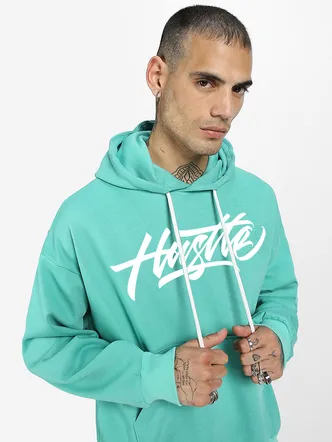 Cotton Polly Fleece Oversized Fit Green Graphic Hoodie for Men