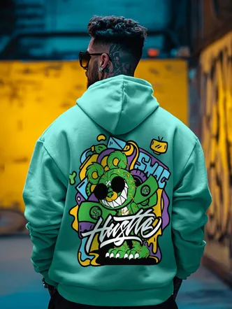 Cotton Fleece Oversized Fit Graphic Printed Full Sleeve Hooded Sweatshirt for Men/Boys