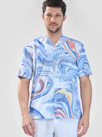XKIND BLUE FINE CORD DROP SHOULDER PRINTED RELAXED FIT SHIRT