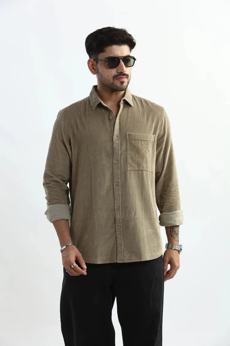 XKIND MEN'S BEIGE CORDUROY REGULAR FIT SHIRT