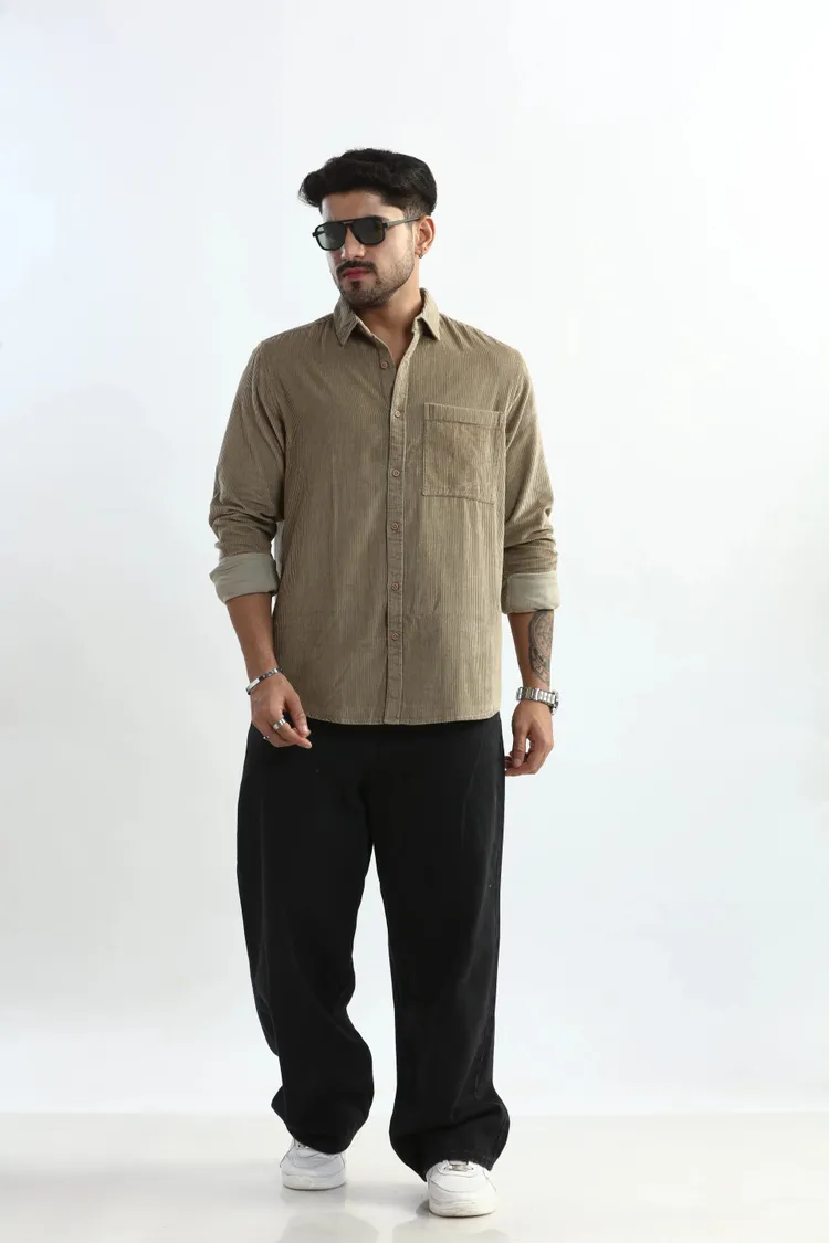 XKIND MEN'S BEIGE CORDUROY REGULAR FIT SHIRT