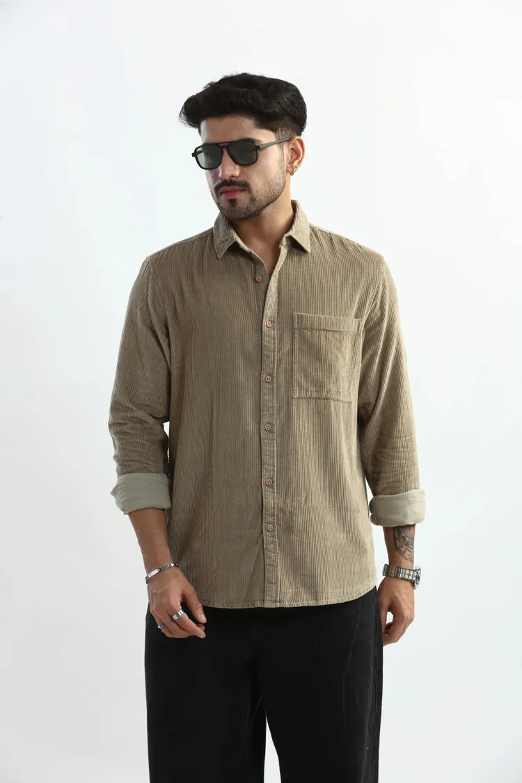 XKIND MEN'S BEIGE CORDUROY REGULAR FIT SHIRT