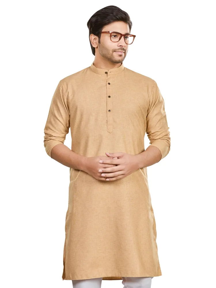 Classic Handcrafted Khaadi-slub Textured Cotton Rich Kurta, Golden Beige, Regular Fit