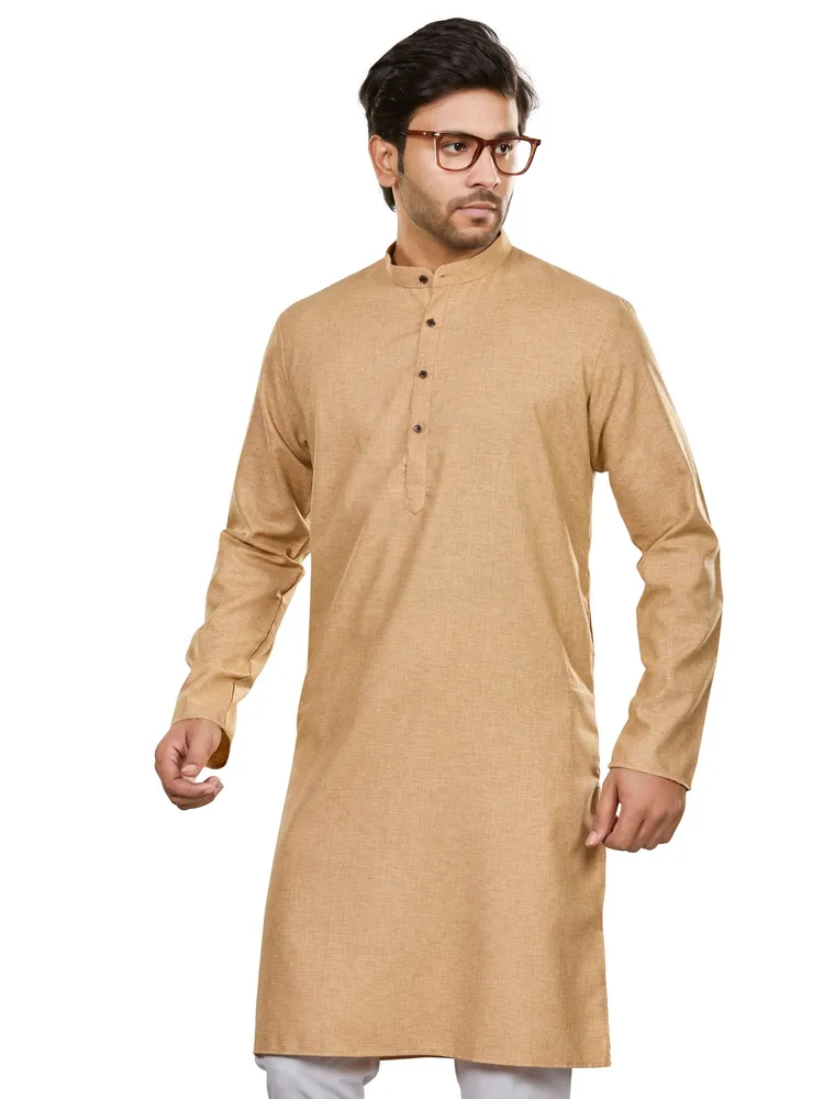 Classic Handcrafted Khaadi-slub Textured Cotton Rich Kurta, Golden Beige, Regular Fit
