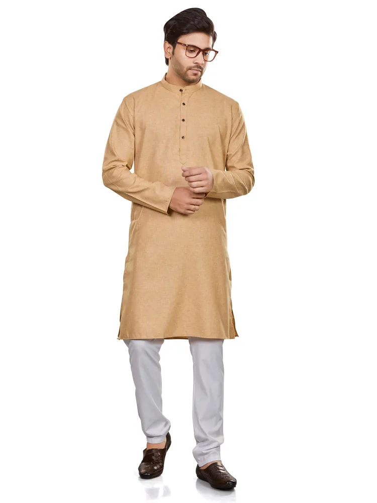 Classic Handcrafted Khaadi-slub Textured Cotton Rich Kurta, Golden Beige, Regular Fit