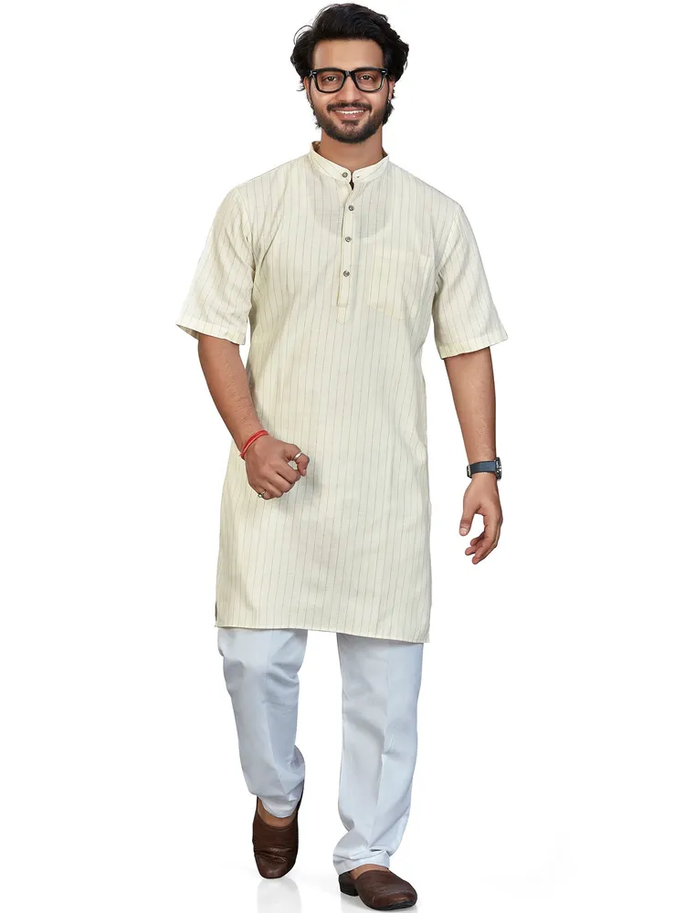 Classic Vertical Striped Cotton Rich Modi Kurta, Half Sleeves, Beige Brown, Regular Fit
