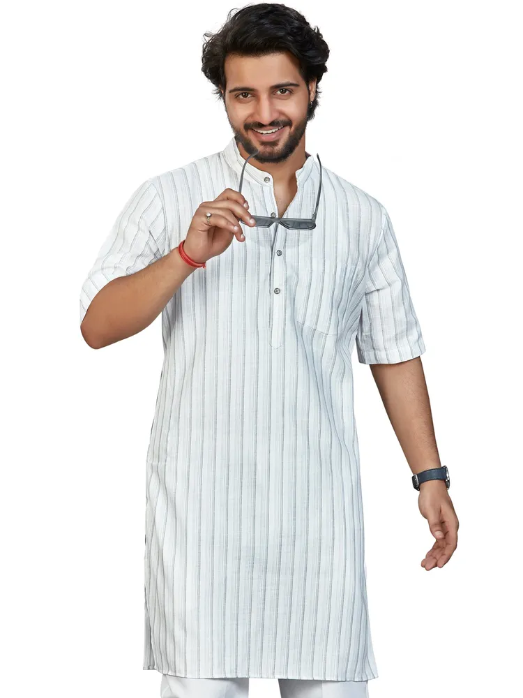 Classic Vertical Striped Cotton Rich Modi Kurta, Half Sleeves, White Grey, Regular Fit