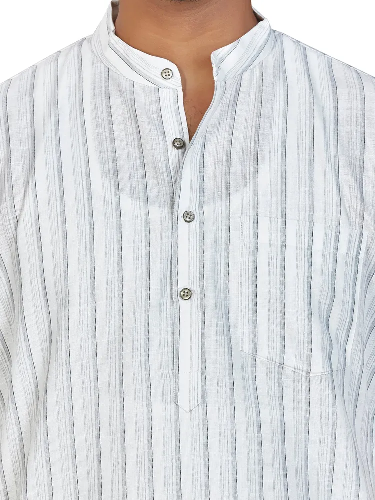 Classic Vertical Striped Cotton Rich Modi Kurta, Half Sleeves, White Grey, Regular Fit