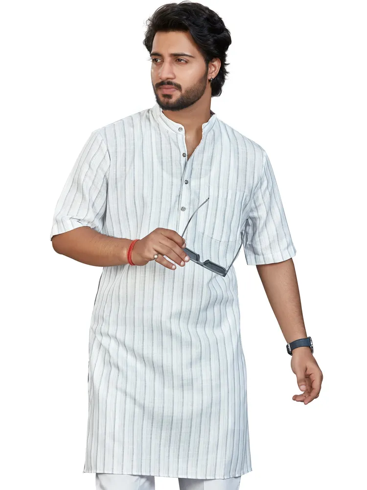 Classic Vertical Striped Cotton Rich Modi Kurta, Half Sleeves, White Grey, Regular Fit