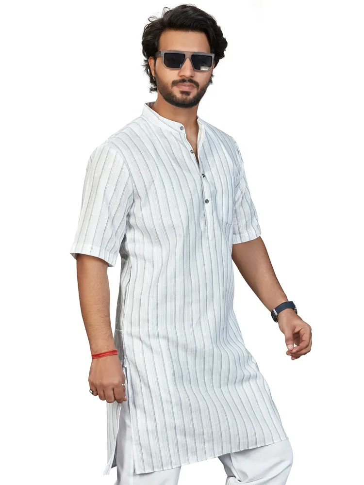 Classic Vertical Striped Cotton Rich Modi Kurta, Half Sleeves, White Grey, Regular Fit