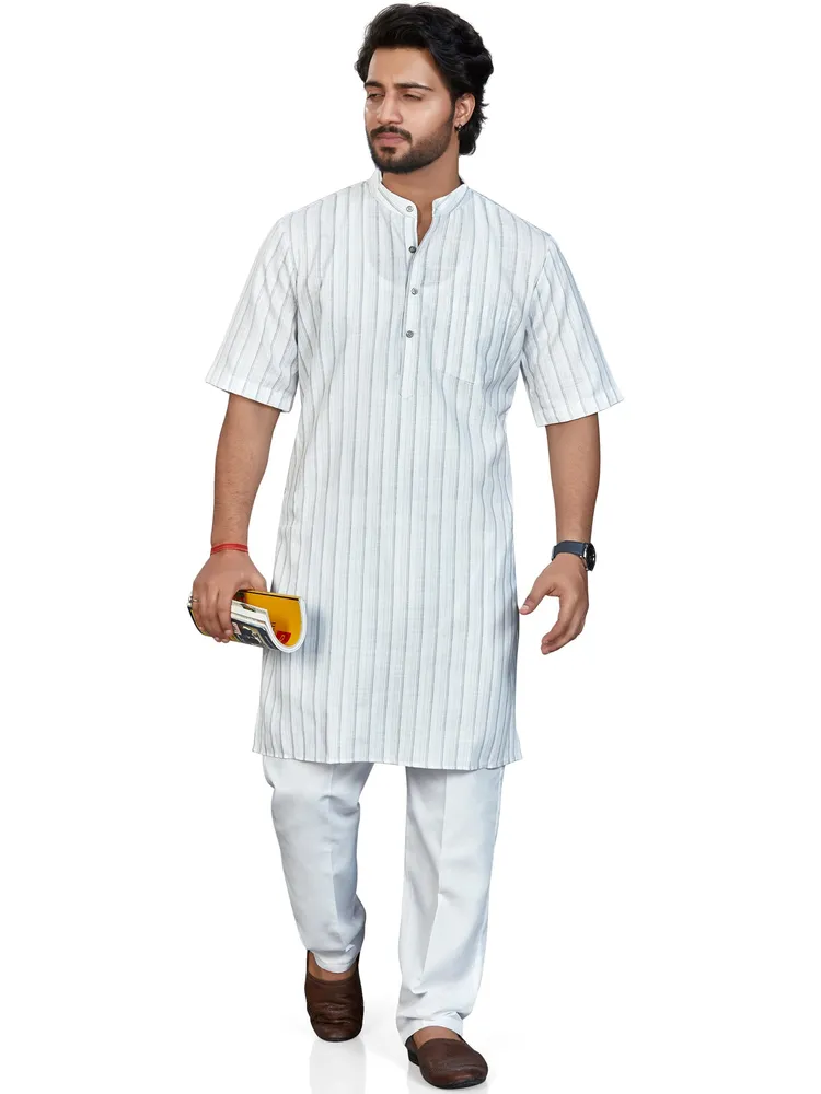 Classic Vertical Striped Cotton Rich Modi Kurta, Half Sleeves, White Grey, Regular Fit