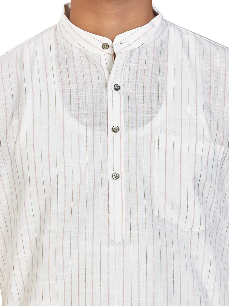 Classic Vertical Striped Cotton Rich Modi Kurta, Half Sleeves, White Pink, Regular Fit