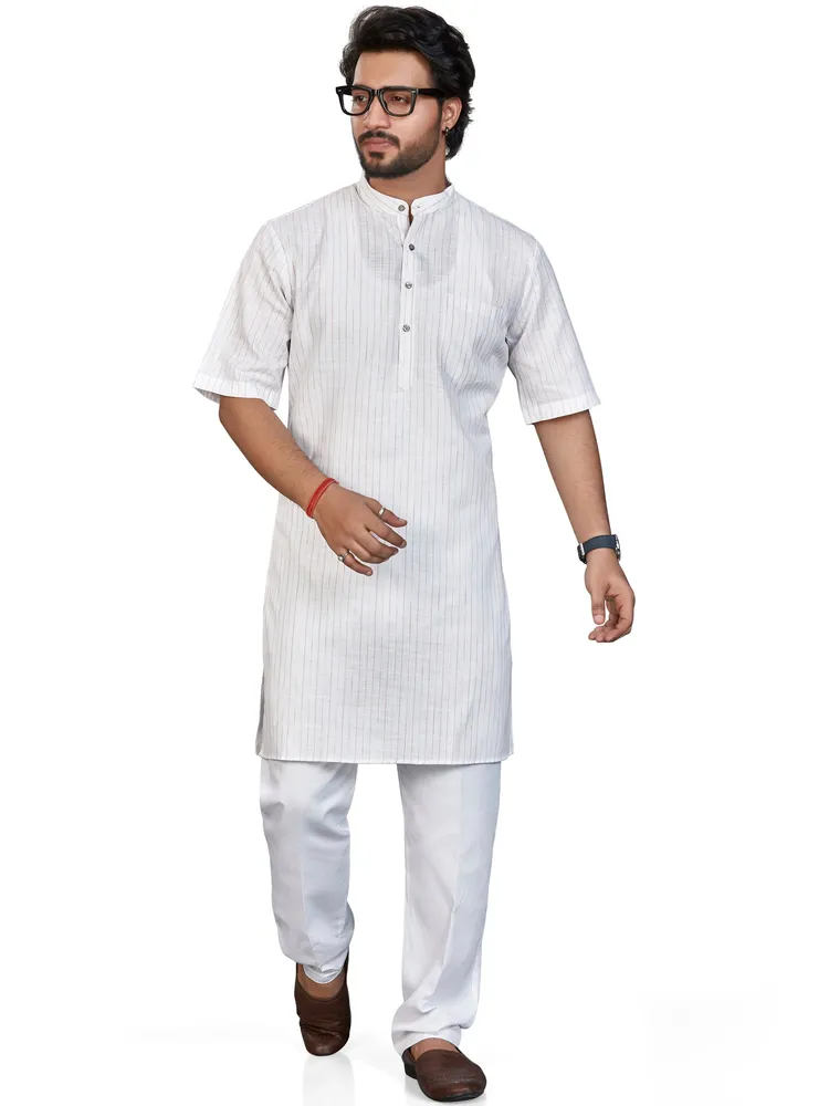 Classic Vertical Striped Cotton Rich Modi Kurta, Half Sleeves, White Pink, Regular Fit