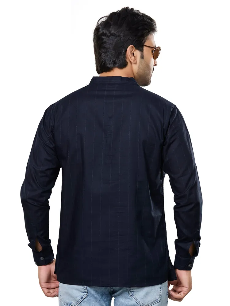 Premium Cotton Fine Striped Designer Short Kurta, Navy Blue White, Regular Fit