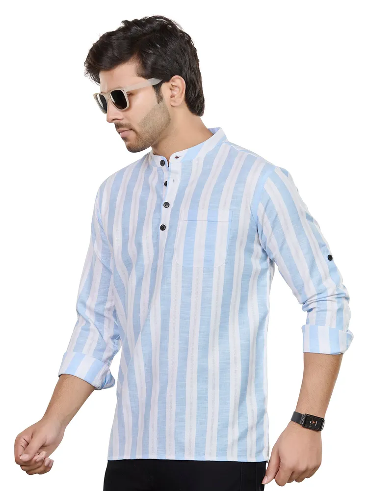 Premium Cotton Linen weave Vertical Band Striped Short Kurta, Blue White, Regular Fit