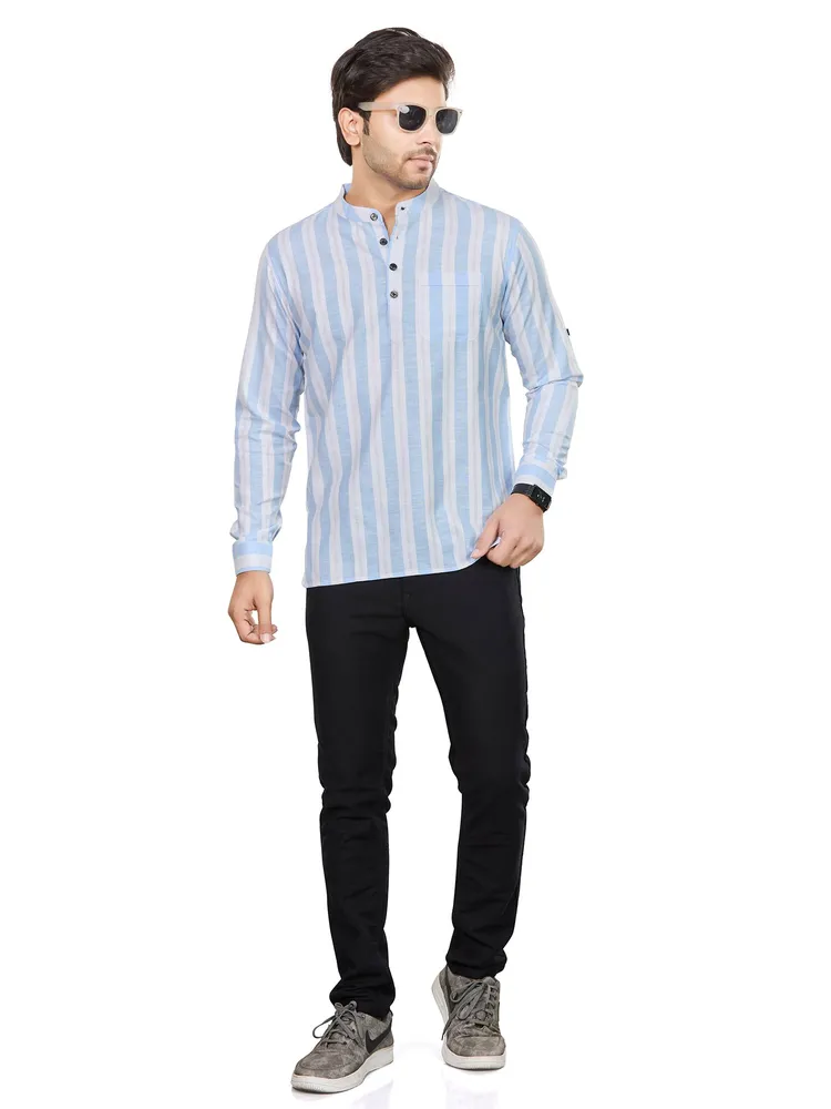 Premium Cotton Linen weave Vertical Band Striped Short Kurta, Blue White, Regular Fit