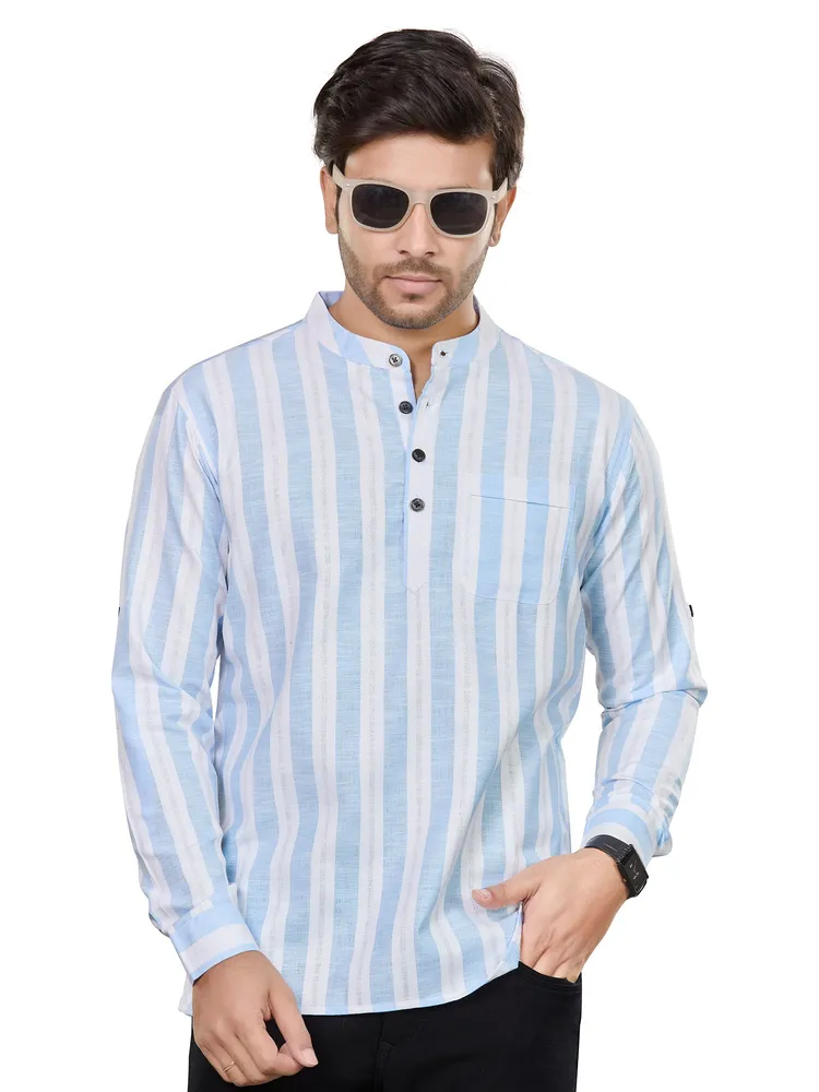 Premium Cotton Linen weave Vertical Band Striped Short Kurta, Blue White, Regular Fit