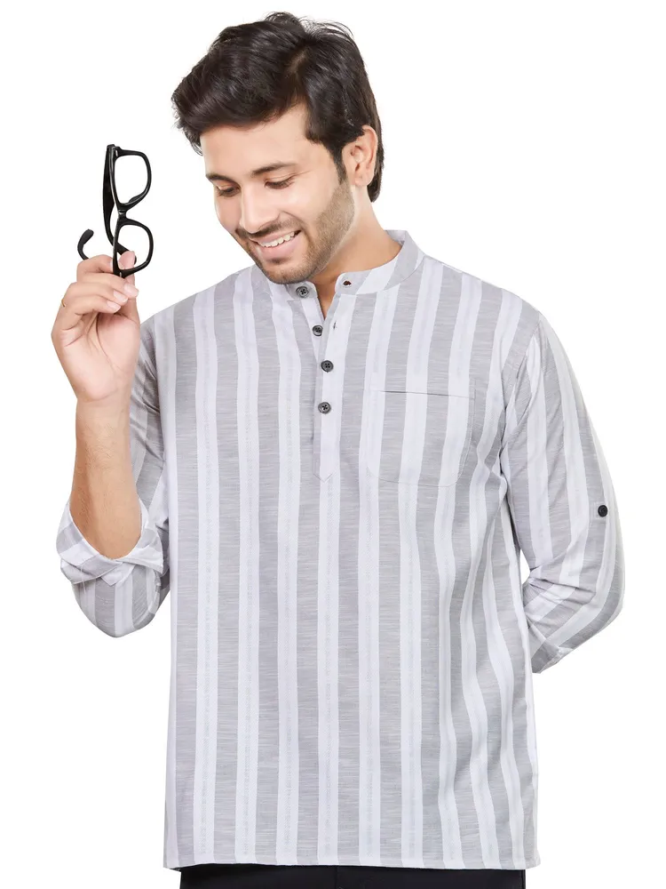 Premium Cotton Linen weave Vertical Band Striped Short Kurta, Grey White, Regular Fit