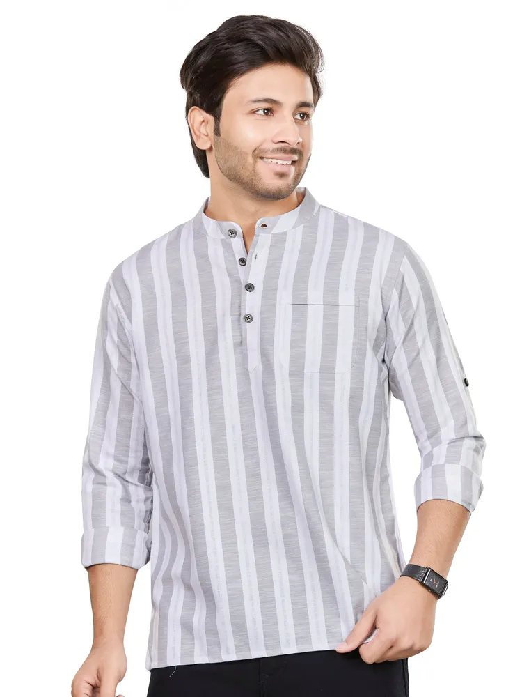 Premium Cotton Linen weave Vertical Band Striped Short Kurta, Grey White, Regular Fit