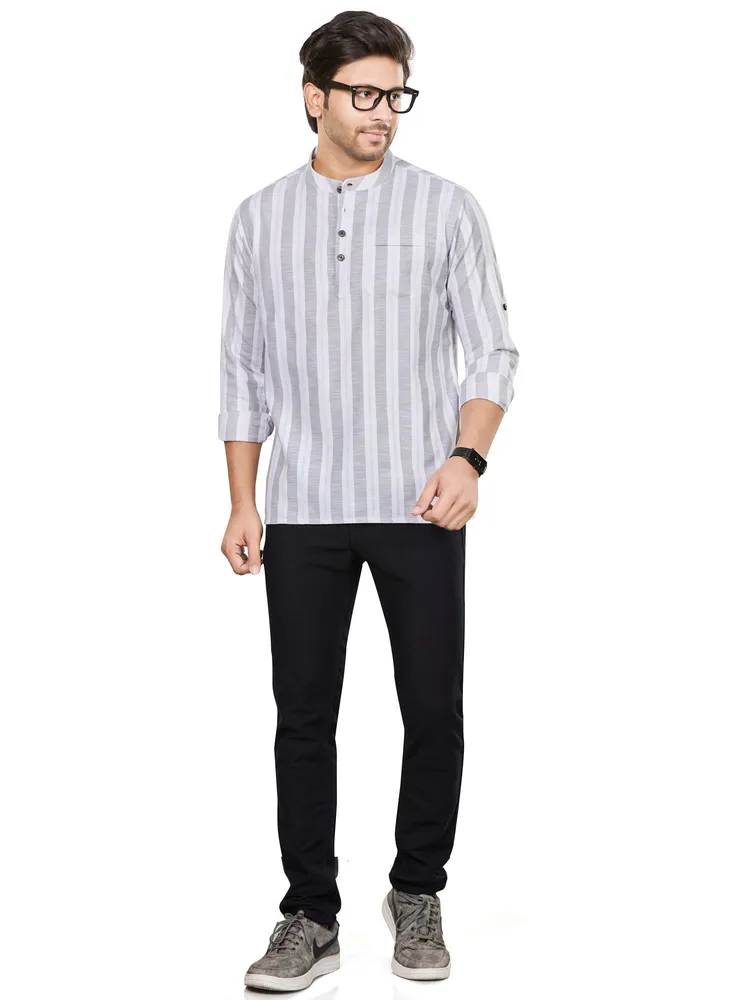 Premium Cotton Linen weave Vertical Band Striped Short Kurta, Grey White, Regular Fit