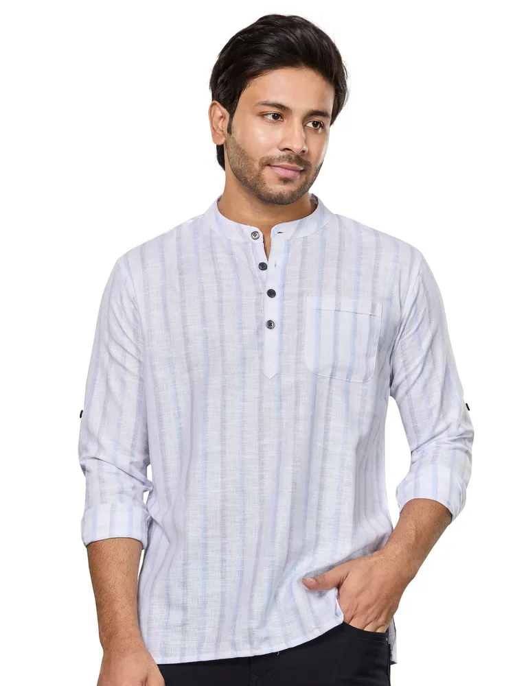 Premium Cotton Linen weave Vertical Striped Short Kurta, White Blue Grey, Regular Fit