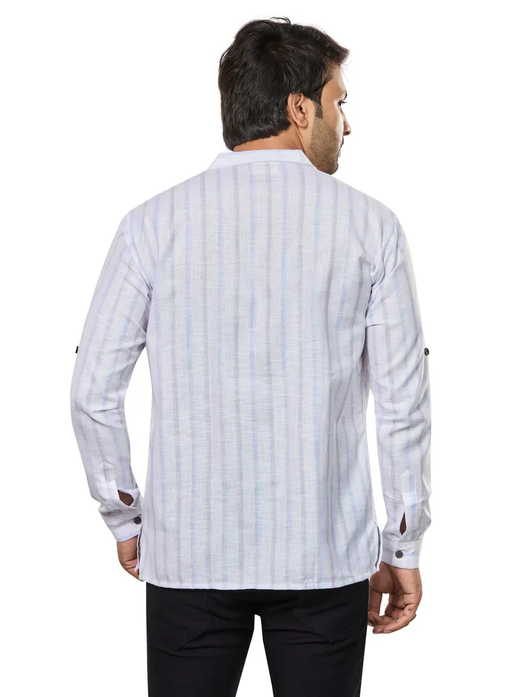 Premium Cotton Linen weave Vertical Striped Short Kurta, White Blue Grey, Regular Fit