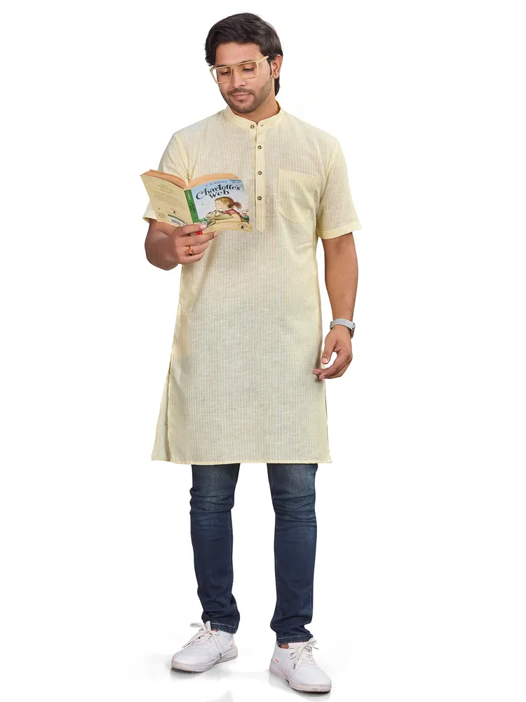 Premium Linen Blend Classic Striped Modi Kurta, Half sleeve, Yellow White, Regular Fit