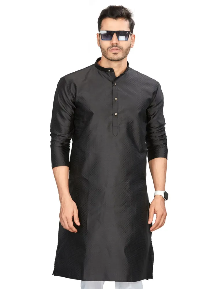 Premium Partywear Circular Jacquard Design Silk Kurta, Black, Regular Fit
