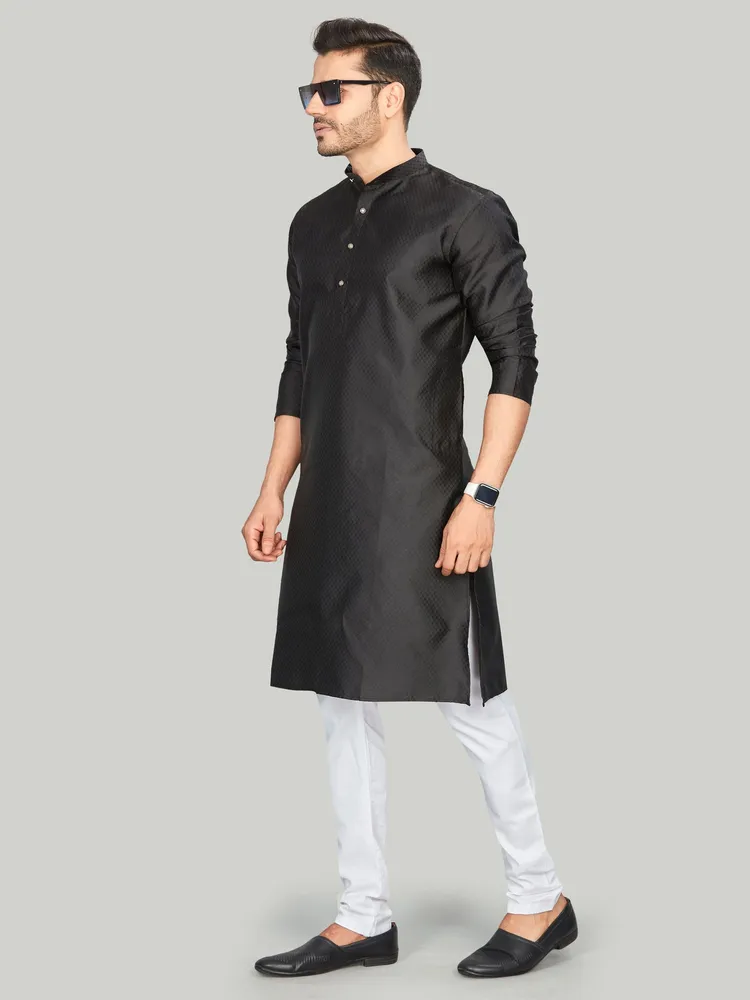 Premium Partywear Circular Jacquard Design Silk Kurta, Black, Regular Fit
