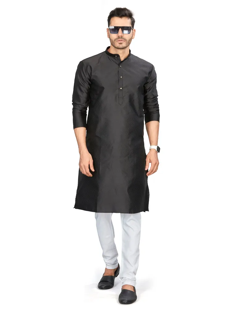 Premium Partywear Circular Jacquard Design Silk Kurta, Black, Regular Fit
